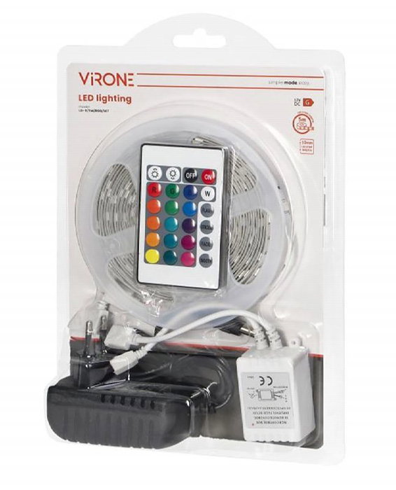ORNO Set Tira LED RGB 12V 5050 7W/m IP20 5 Metros con Controlador y Fuente de Alimentacion LD-8/5m/RGB/Set