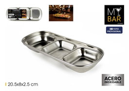 Inde - Bandeja Servir de Acero con 3 Compartimentos My Bar, Ideal para Entrantes o Tapas - 20.6 cm Largo x 8 cm Ancho x 2.3 cm Alto (24 Unidades)