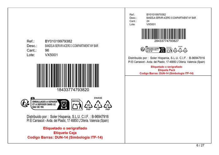 Inde - Bandeja Servir de Acero con 3 Compartimentos My Bar, Ideal para Entrantes o Tapas - 20.6 cm Largo x 8 cm Ancho x 2.3 cm Alto (24 Unidades)