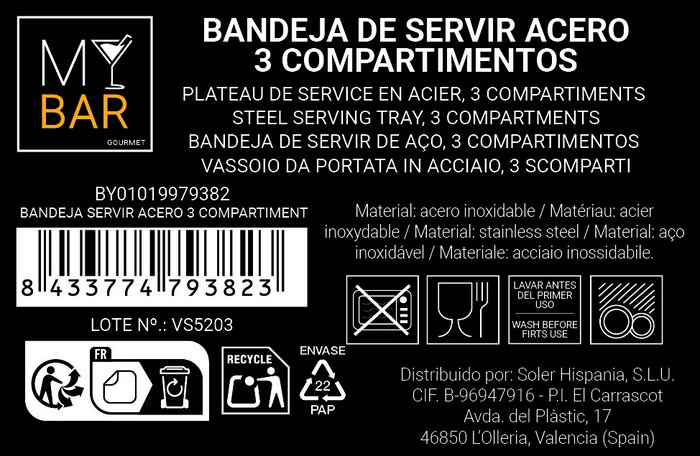 Inde - Bandeja Servir de Acero con 3 Compartimentos My Bar, Ideal para Entrantes o Tapas - 20.6 cm Largo x 8 cm Ancho x 2.3 cm Alto (24 Unidades)