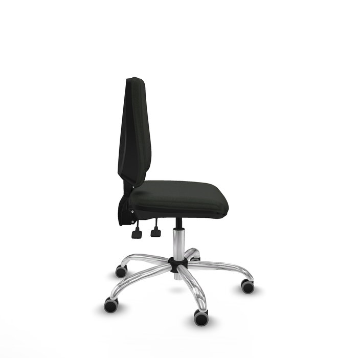 Silla de oficina Elche con mecanismo Asincro tapizada con Tela color Negro. Equipada con Base cromada, Sin brazos y Ruedas 65 mm parqué