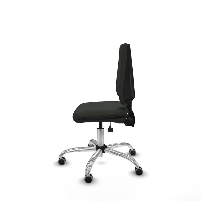 Silla de oficina Elche con mecanismo Asincro tapizada con Tela color Negro. Equipada con Base cromada, Sin brazos y Ruedas 65 mm parqué