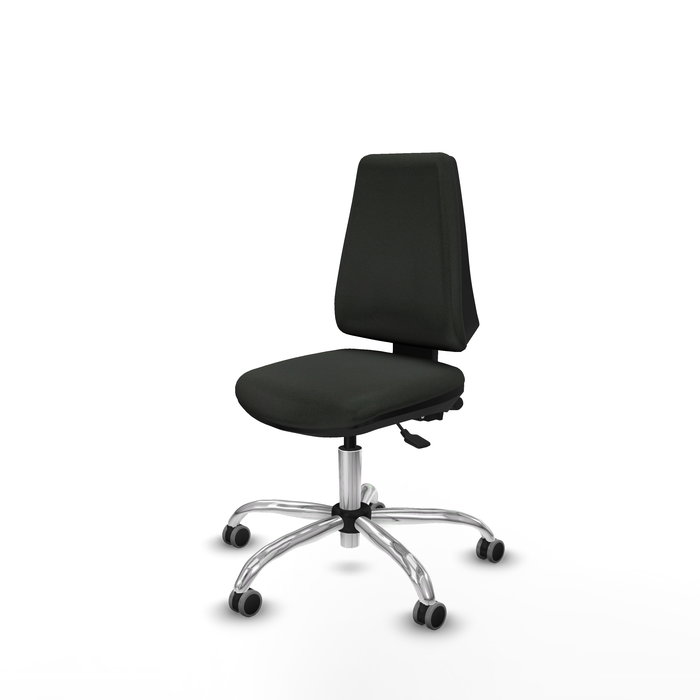 Silla de oficina Elche con mecanismo Asincro tapizada con Tela color Negro. Equipada con Base cromada, Sin brazos y Ruedas 65 mm parqué
