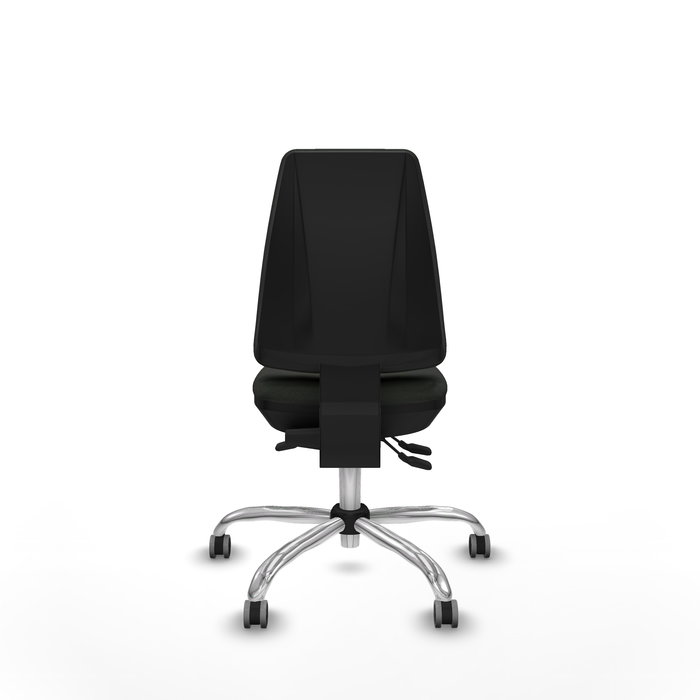 Silla de oficina Elche con mecanismo Asincro tapizada con Tela color Negro. Equipada con Base cromada, Sin brazos y Ruedas 65 mm parqué
