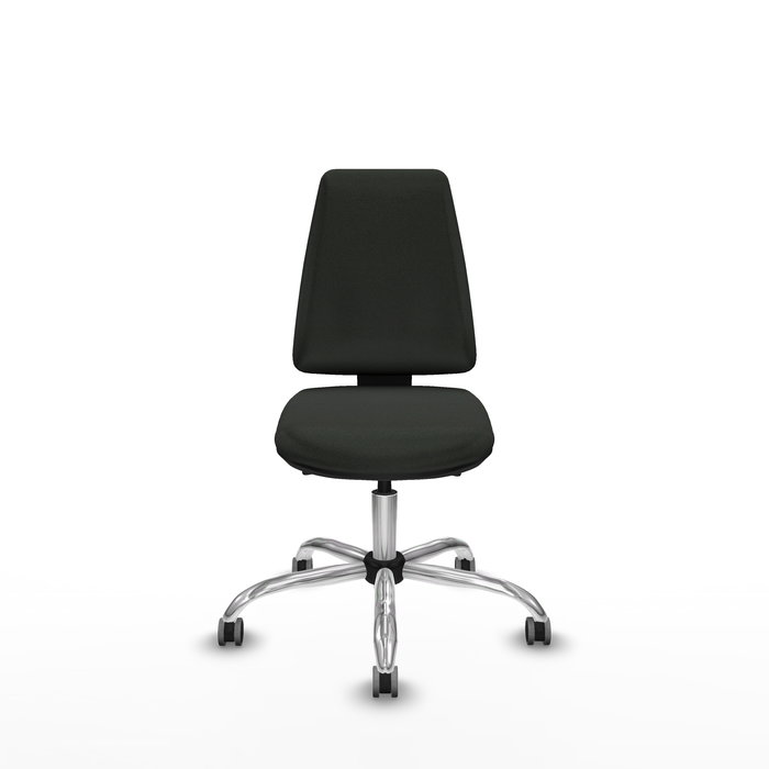 Silla de oficina Elche con mecanismo Asincro tapizada con Tela color Negro. Equipada con Base cromada, Sin brazos y Ruedas 65 mm parqué