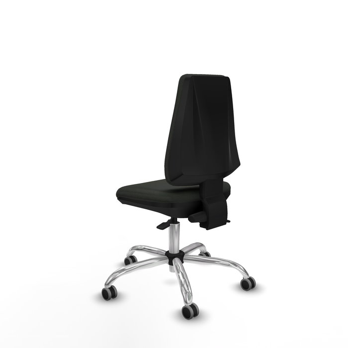 Silla de oficina Elche con mecanismo Asincro tapizada con Tela color Negro. Equipada con Base cromada, Sin brazos y Ruedas 65 mm parqué
