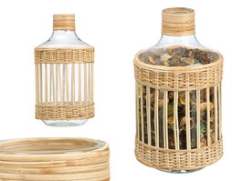 Giftdecor Botella Vidrio Grande Rattan Transparente Natural 18x34x18cm (Set de 4)