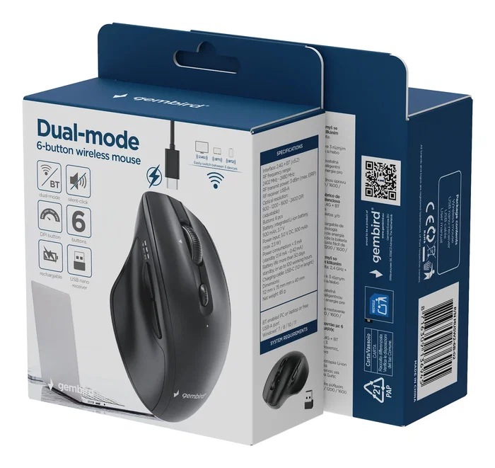 Gembird MUSW2-6B-02 Ratón Inalámbrico Dual 6 Botones Negro