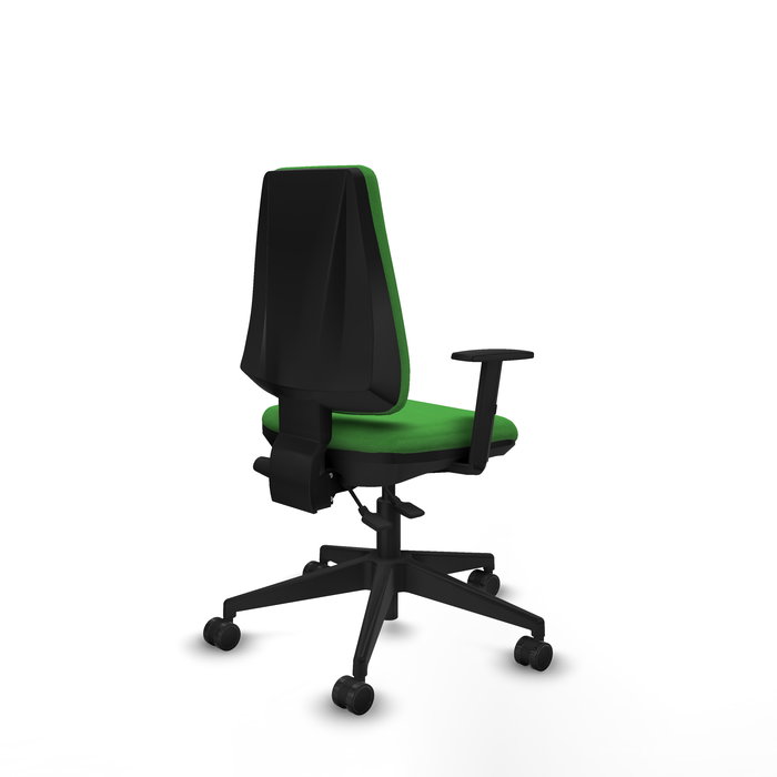 Silla de oficina Elche con mecanismo Asincro tapizada con Tela color Verde. Equipada con Base piramidal negra, Brazos 1D y Ruedas 65mm nailon