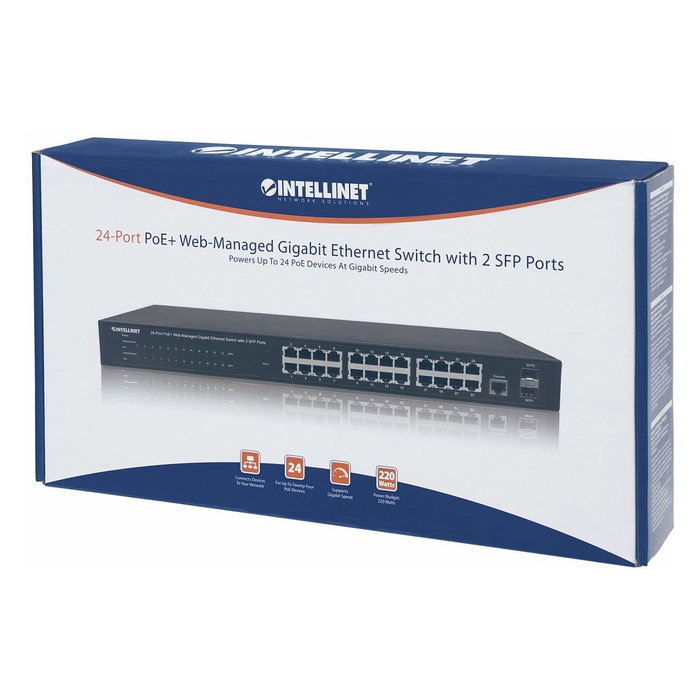 Intellinet Switch Web-Managed Gigabit Ethernet 24 Puertos PoE+ (IEEE 802.3at/af) con 2 Puertos SFP, Capacidad de Conmutación 52 Gbit/s, Montaje en Rack Intellinet Switch Web-Managed Gigabit Ethernet 24 Puertos PoE+ (IEEE 802.3at/af) con 2 Puertos SFP, Capacidad de Conmutación 52 Gbit/s, Montaje en Rack