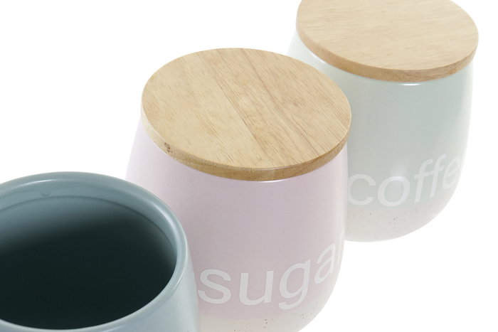 DKD Home Decor Botes de Gres y Rubberwood Pasteles Lianfeng, Surtido de 3 unidades