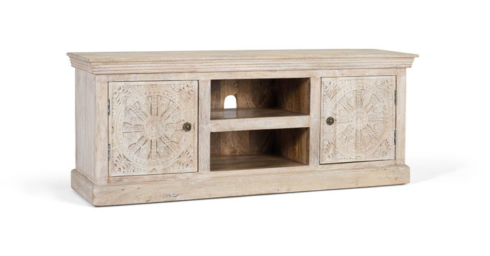 GINER Y COLOMER Mueble de TV con 2 puertas y 2 huecos en madera de mango color Arena GINER Y COLOMER Mueble de TV con 2 puertas y 2 huecos en madera de mango color Arena