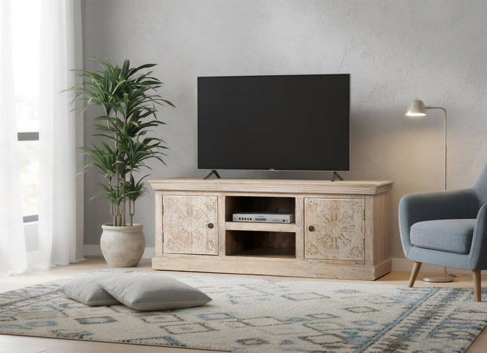 GINER Y COLOMER Mueble de TV con 2 puertas y 2 huecos en madera de mango color Arena GINER Y COLOMER Mueble de TV con 2 puertas y 2 huecos en madera de mango color Arena