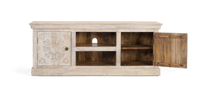 GINER Y COLOMER Mueble de TV con 2 puertas y 2 huecos en madera de mango color Arena GINER Y COLOMER Mueble de TV con 2 puertas y 2 huecos en madera de mango color Arena