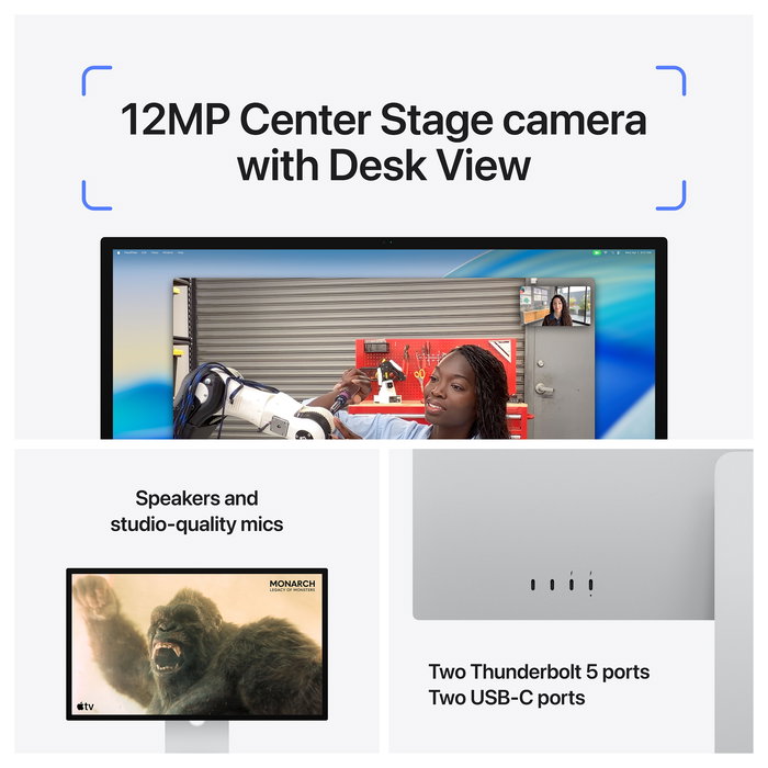 Apple Studio Display Monitor 27" 5K (5120x2880), Panel LED, True Tone, Cristal Estándar, Soporte Ajustable en Altura e Inclinación, 6 Altavoces, Cámara 12MP - Color Plata