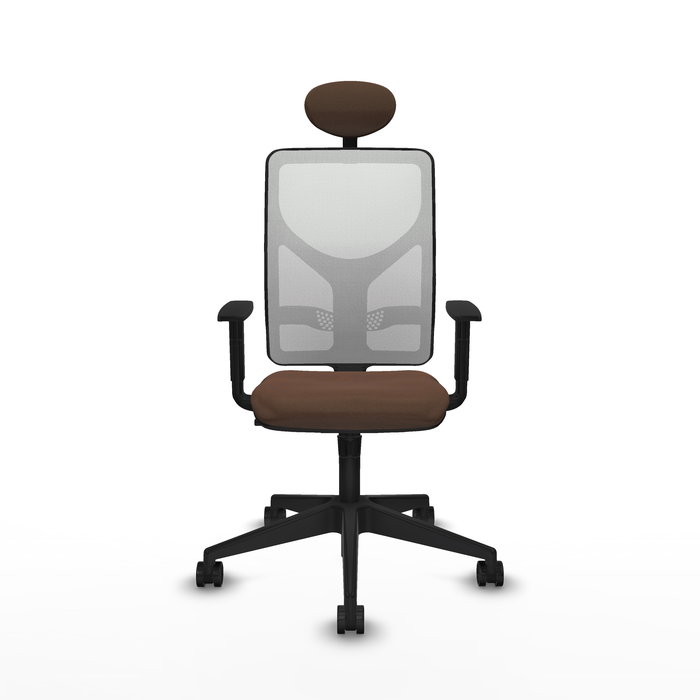 Silla de oficina Motilla con mecanismo Sincro tapizada con Tela color Marrón oscuro y malla color Blanco. Equipada con lumbar 1D, Brazos 1D, Cabecero Fijo y Ruedas 65mm nailon