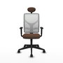 Silla de oficina Motilla con mecanismo Sincro tapizada con Tela color Marrón oscuro y malla color Blanco. Equipada con lumbar 1D, Brazos 1D, Cabecero Fijo y Ruedas 65mm nailon