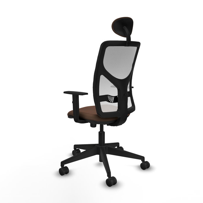 Silla de oficina Motilla con mecanismo Sincro tapizada con Tela color Marrón oscuro y malla color Blanco. Equipada con lumbar 1D, Brazos 1D, Cabecero Fijo y Ruedas 65mm nailon