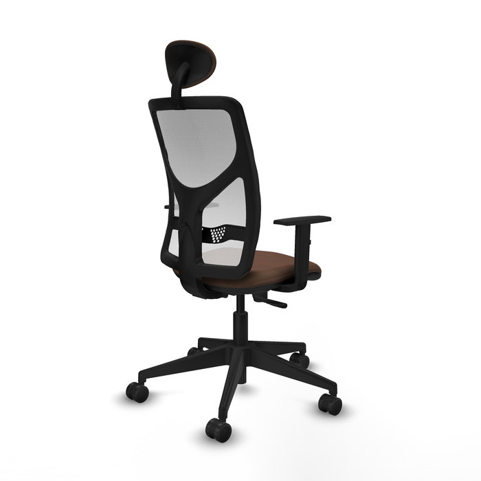 Silla de oficina Motilla con mecanismo Sincro tapizada con Tela color Marrón oscuro y malla color Blanco. Equipada con lumbar 1D, Brazos 1D, Cabecero Fijo y Ruedas 65mm nailon