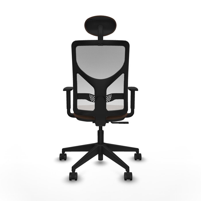 Silla de oficina Motilla con mecanismo Sincro tapizada con Tela color Marrón oscuro y malla color Blanco. Equipada con lumbar 1D, Brazos 1D, Cabecero Fijo y Ruedas 65mm nailon