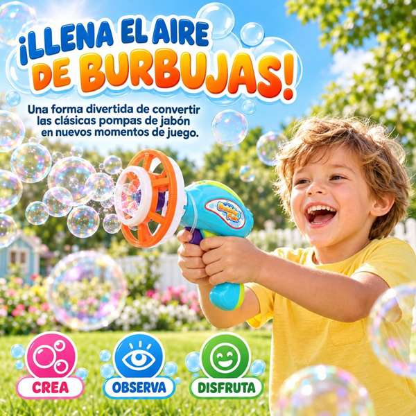 JugaToys Pistola lanzador de pompas con botella de líquido