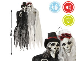 Decoración para Halloween Pareja de Esqueletos Colgantes con Vestido, Sombrero, Luz y Sonido 120 cm
