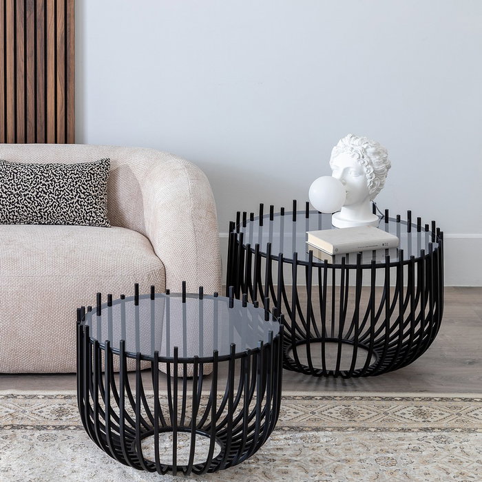 S/2 Mesa Centro Negro Metal-Cristal 68 X 68 X 45 cm