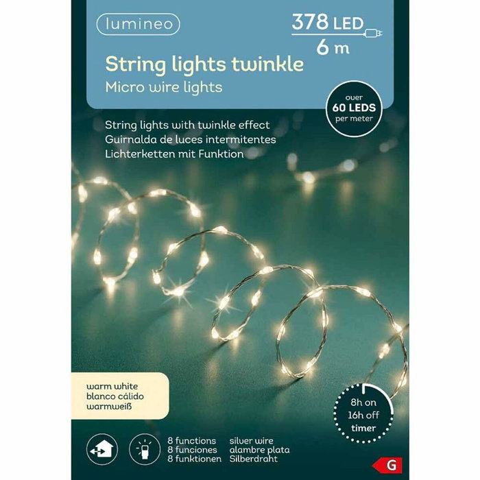 Lumineo Guirnalda Micro LED 378 LEDs Luz Cálida, Cable Alambre Plateado 6 m