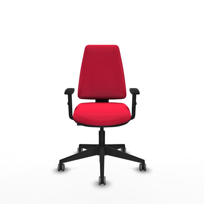 Silla de oficina Elche con mecanismo Contacto permanente básico tapizada con Tela color Rojo. Equipada con Base piramidal negra, Brazos 1D y Ruedas 65 mm parqué