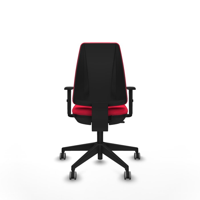 Silla de oficina Elche con mecanismo Contacto permanente básico tapizada con Tela color Rojo. Equipada con Base piramidal negra, Brazos 1D y Ruedas 65 mm parqué