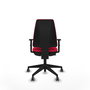 Silla de oficina Elche con mecanismo Contacto permanente básico tapizada con Tela color Rojo. Equipada con Base piramidal negra, Brazos 1D y Ruedas 65 mm parqué