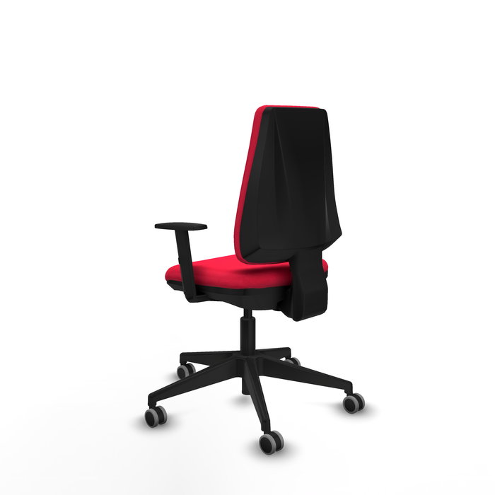 Silla de oficina Elche con mecanismo Contacto permanente básico tapizada con Tela color Rojo. Equipada con Base piramidal negra, Brazos 1D y Ruedas 65 mm parqué