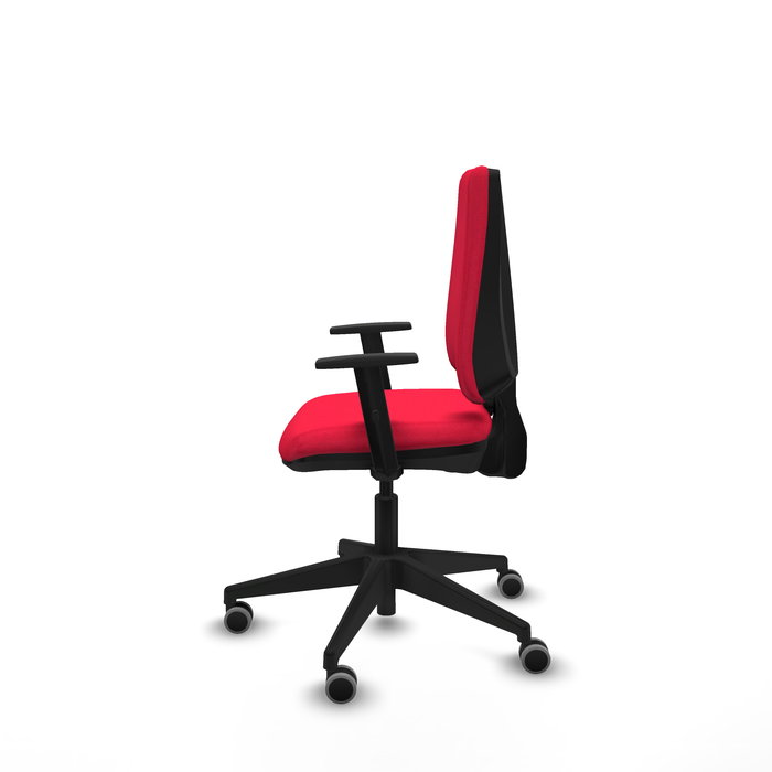 Silla de oficina Elche con mecanismo Contacto permanente básico tapizada con Tela color Rojo. Equipada con Base piramidal negra, Brazos 1D y Ruedas 65 mm parqué