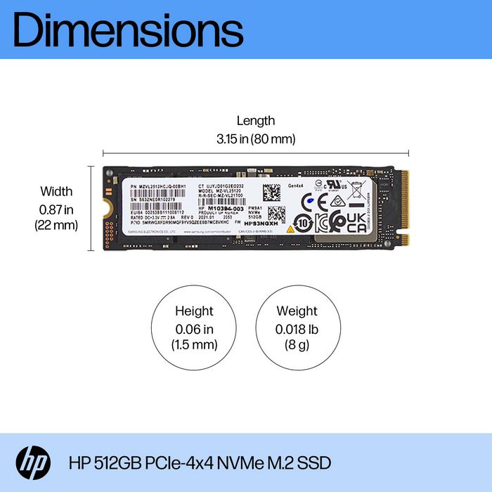 HP Unidad de Estado Sólido SSD NVMe M.2 512GB PCIe 4x4 - Alta Velocidad para PC, Portátil