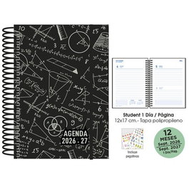 SENFORT Agenda Escolar Student Decorada Espiral Tapa PP con Goma 120x170 Maths Negro 2026-27