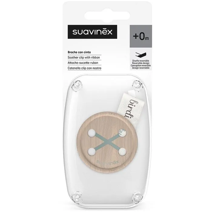 Suavinex Clip para chupete con cinta Birdies, Verde, AACOF17381, desde el nacimiento