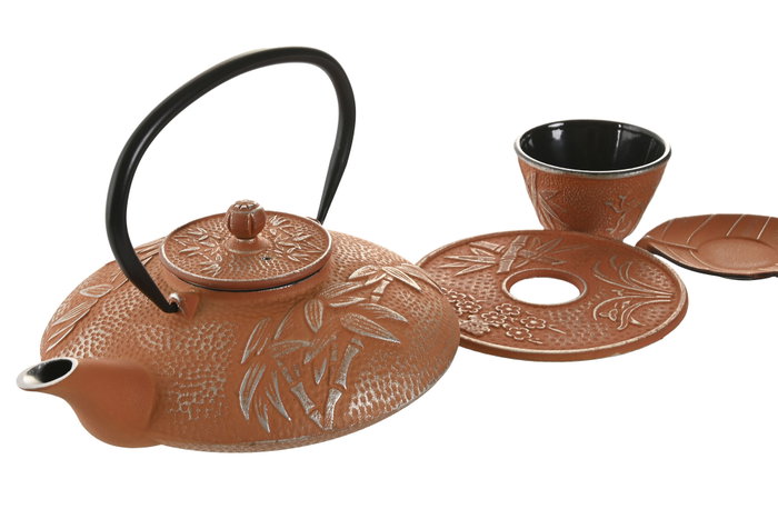DKD Home Decor Tetera Oriental Naranja Hierro Colado Inox Set de 3 Piezas 21 x 18 x 15 cm