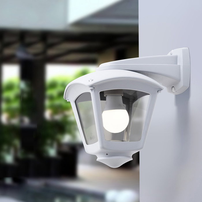 Fumagalli Farol de Pared con Brazo Nardo/Roby, Cristal Transparente, Blanco, IP55, Casquillo E27 (Máx. 23W), Incluye Fijación, 195x260x275 mm