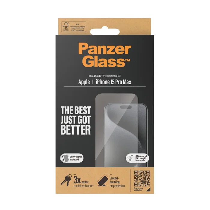 PanzerGlass Protector de Pantalla Vidrio Templado Ultra-Wide Fit con EasyAligner para Apple iPhone 15 Pro Max - Transparente, Anti-Huellas, Aplicación en Seco, 1 Pieza