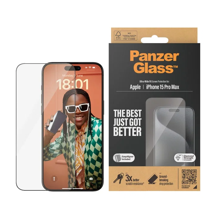 PanzerGlass Protector de Pantalla Vidrio Templado Ultra-Wide Fit con EasyAligner para Apple iPhone 15 Pro Max - Transparente, Anti-Huellas, Aplicación en Seco, 1 Pieza