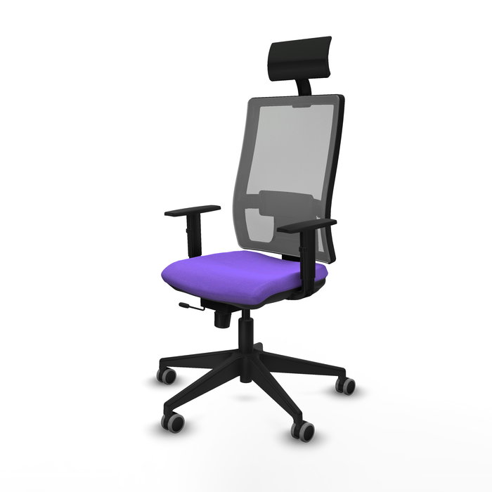 Silla de oficina Horna con mecanismo Sincro/Traslack tapizada con Tela color Lila y malla color Gris. Equipada con lumbar 1D, Brazos 1D, Cabecero Fijo y Ruedas 65 mm parqué