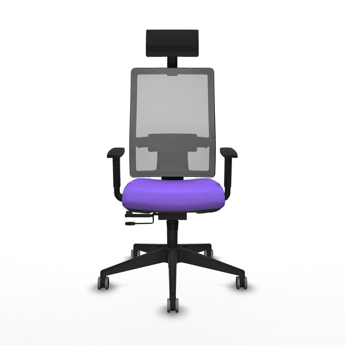 Silla de oficina Horna con mecanismo Sincro/Traslack tapizada con Tela color Lila y malla color Gris. Equipada con lumbar 1D, Brazos 1D, Cabecero Fijo y Ruedas 65 mm parqué