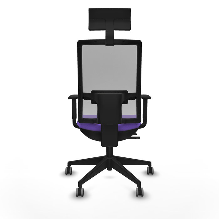 Silla de oficina Horna con mecanismo Sincro/Traslack tapizada con Tela color Lila y malla color Gris. Equipada con lumbar 1D, Brazos 1D, Cabecero Fijo y Ruedas 65 mm parqué