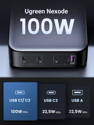 Ugreen Nexode Cargador de Escritorio 100W con 3 USB-C y 1 USB-A, Gris
