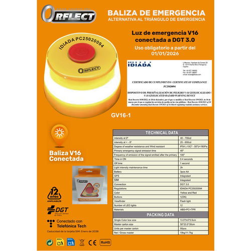 ORFLECT Baliza Emergencia V16 Conectada DGT 3.0 GPS SIM LED 360º 12 Luces Pila AA
