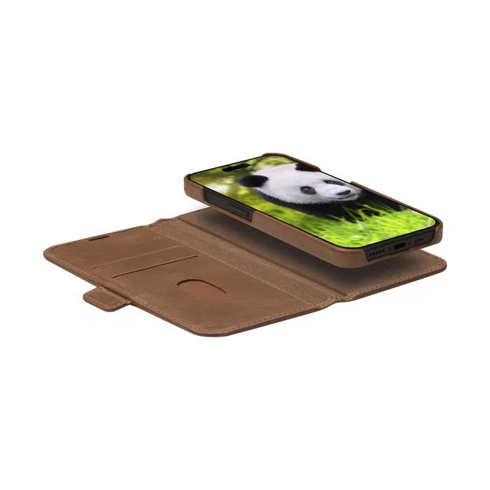 Dbramante Funda Libro con Tapa para Apple iPhone 16e (6.1") - Cuero de Grano Entero Marrón - Compatible con MagSafe - 3 Bolsillos para Tarjetas
