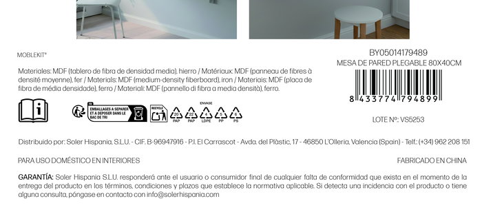 Inde Mesa de Pared Plegable para Espacios Reducidos, 80 x 40 cm, Color Blanco (4 Unidades)