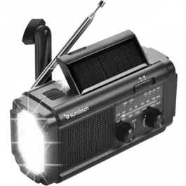 Sunstech Radio Portátil RPE25BK Negra AM/FM, Linterna LED, Alarma SOS, Power Bank, Carga Solar y Manivela, 2000 mAh, Ideal Camping