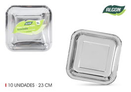 Algon Plato de Cartón, Plata, Cuadrado, 23 cm - Pack de 10 Unidades (18 Unidades)