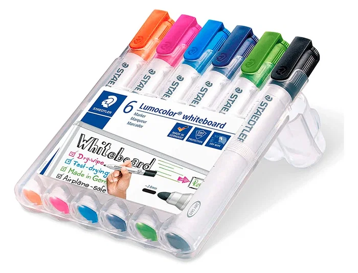 Staedtler Rotulador Lumocolor 351 para Pizarra Blanca Punta Redonda 2 mm Recargable Estuche 6 Unidades Colores